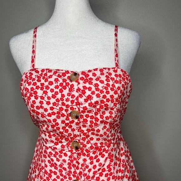 Women's Red Ditsy Floral Button Front Tie Back Dress Size 10 Coquette Cottage - Picture 2 of 8